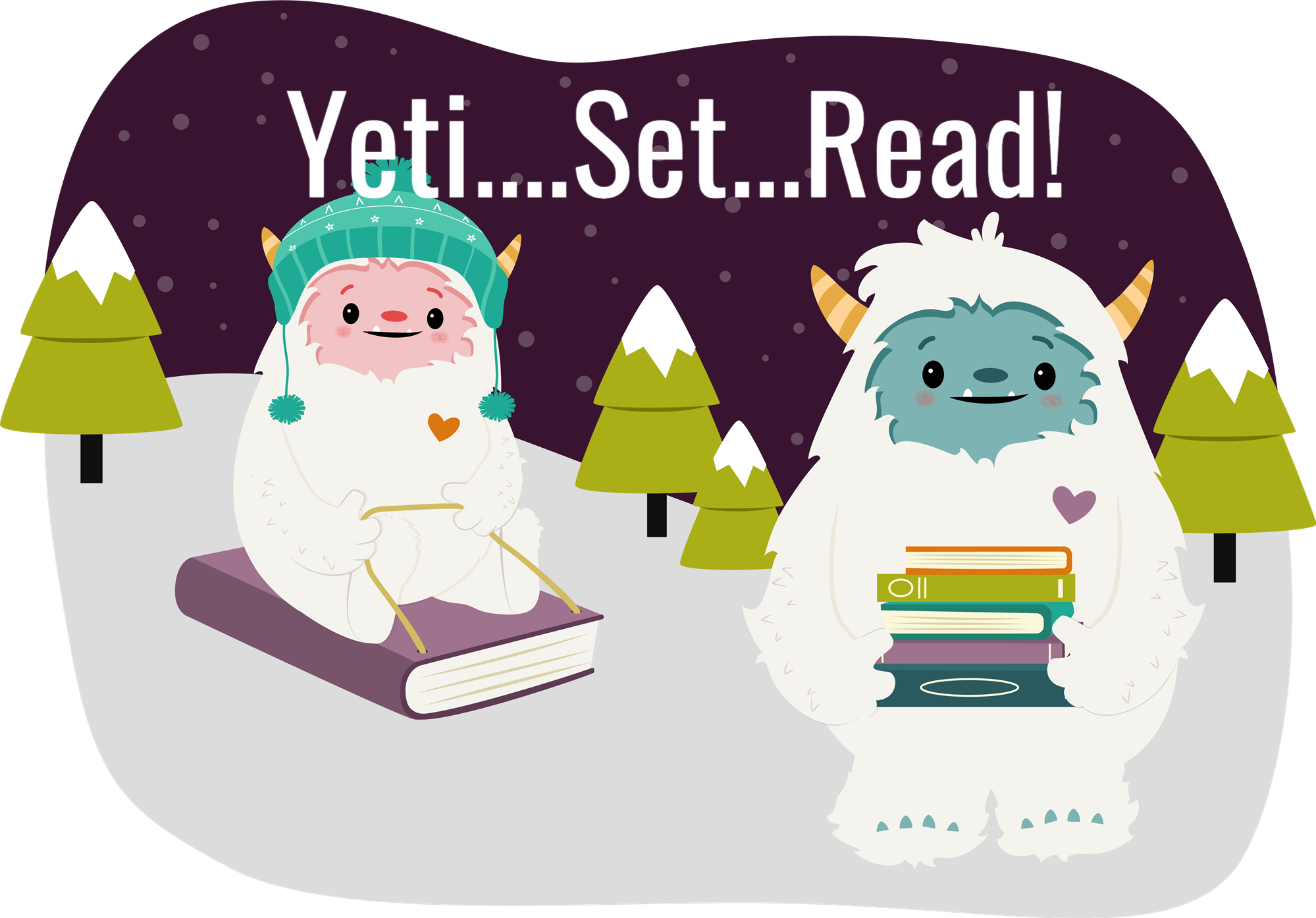 Illustrations of two yeti holding books in snowy outdoors